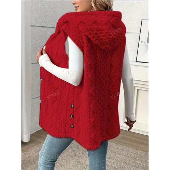 NEW - Women's Sleeveless Hooded Plush Jacket, Solid Color Red, Autumn/Winter - Picture 1 of 8